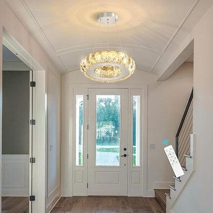 Crystal Round Chandelier Modern LED Dining Pendant Lights for Kitchen Island Dining Room Remote Dimmable Hanging Light Entrance Bedroom Lighting Silver