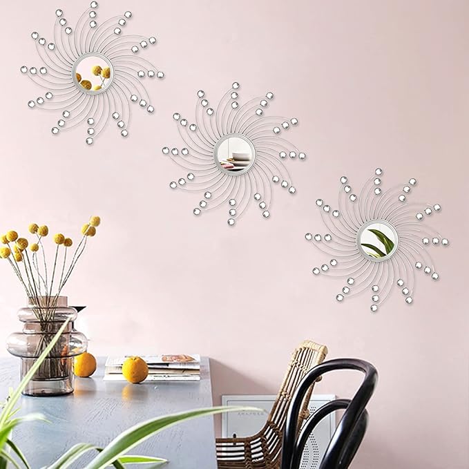 Uaussi 3 Pack Crystal Sunburst Wall Mirror Décor Rhinestone Mirrors Decorative Home Wall Art for Living Room Bedroom Entryway(Curle Burst Silver)