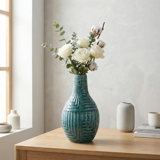 hjn Teal Hand-Glazed Ceramic Vase - 9.4" H Modern Decorative Centerpiece Vase for Fresh/Dried Flowers, Home Decor for Living Room Bookshelf Mantel | Wedding Housewarming Gift