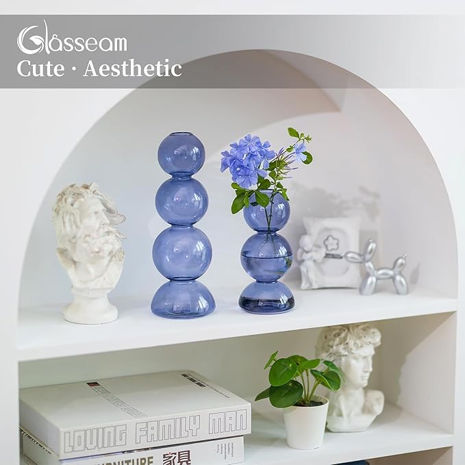 Glasseam Bubble Glass Vase Set of 2, Light Blue, Aesthetic Decorative Vases for Home Decor, Centerpieces, Round Bud Vases for Dining Table Decorations