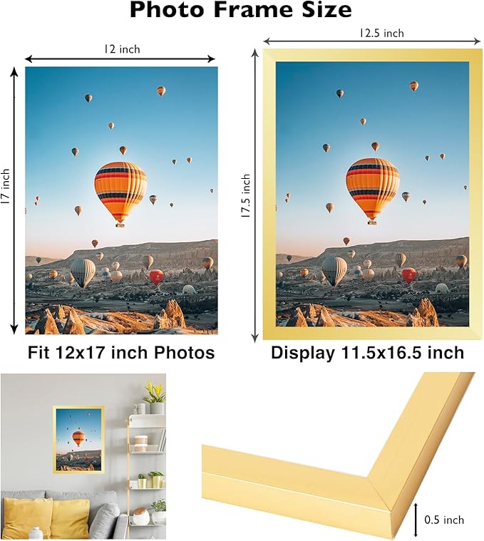 12x17 Gold Picture Frame Set of 2, Horizontal and Vertical Formats for Wall Hanging, 12 x 17 Wall Gallery Poster Photo Frames with Shatter Resistant Plexiglass, 2 Pack, Gold