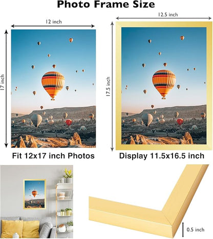 12x17 Gold Picture Frame Set of 2, Horizontal and Vertical Formats for Wall Hanging, 12 x 17 Wall Gallery Poster Photo Frames with Shatter Resistant Plexiglass, 2 Pack, Gold
