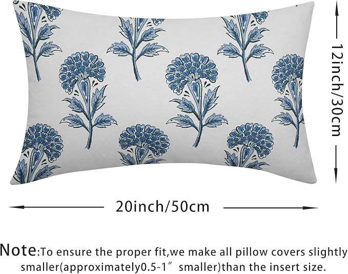Blue Floral Lumbar Pillow Covers 12x20 Set of 2 Blue and White Block Print Pattern Rustic Spring Flower Decorative Outdoor Farmhouse Pillowcases Decorations Throw Cushion Cover Decor Couch Sofa Bed