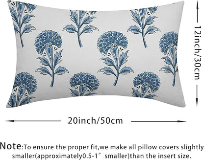 Blue Floral Lumbar Pillow Covers 12x20 Set of 2 Blue and White Block Print Pattern Rustic Spring Flower Decorative Outdoor Farmhouse Pillowcases Decorations Throw Cushion Cover Decor Couch Sofa Bed