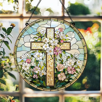 8 Inch Stained Glass Cross Suncatcher for Window Hanging, Christian Stained Glass Windows Hanging Religious Gifts for Women, Sun Catcher for Home Garden Decor, Easter, Faith,Baptism, Memorial (Cross)