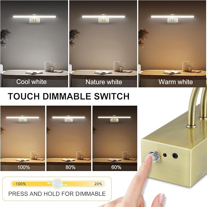 FUNCHDAY Picture Light,3CCT Battery Art Lights for Wall,Wireless Remote Painting Light with Timer and Dimmable,16”Metal Display Lighting for Artwork,Portrait,Gallery-Antique Brass