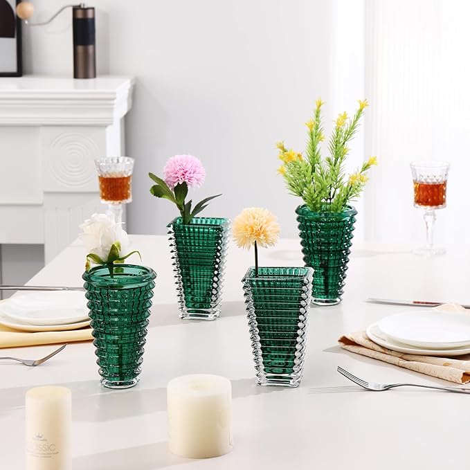 MCMCNCUIU Crystal Flower Vase Set of 4, Glass Vases for Centerpieces, Green Vases for Flowers, Small Vase for Living Room, Bedroom, Kitchen, Office, Wedding