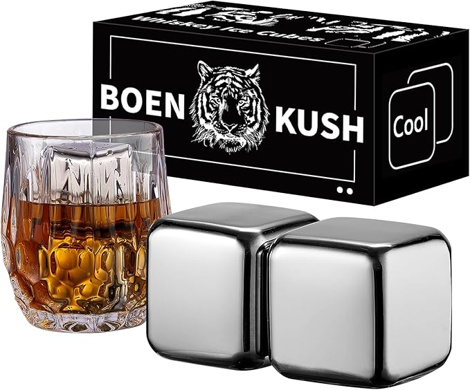 2 Large Whiskey Stones 64 cm³ (4 cu in) - Man Gift Set - Reusable Stainless Steel Metal Ice Sphere Cubes Beverage Chilling Rocks Whiskey Stones for Red Wine, Bar Beer, Scotch, Vodka Drinks - Silver