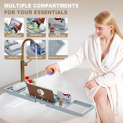 Premium Bathtub Tray Caddy, Expandable Bath Tray, Unique House Warming Gifts, New Home, Anniversary and Wedding Gifts for Couple, Bridal Shower Gift for Women