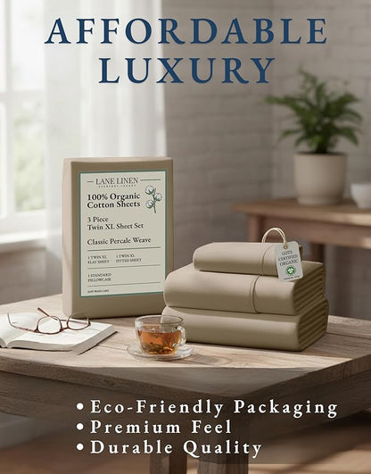 LANE LINEN 100% Organic Cotton Twin XL Sheets Set, Fully Elasticized Bed Sheets Set Twin XL Size Perfetct for Hospital beds, Deep Pocket Soft & Comfy Sheets Set Twin XL Size-Taupe