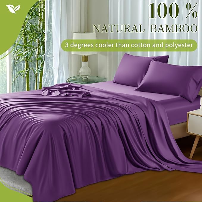 Shilucheng 100% Viscose Derived from Bamboo_ Sheets King Size 4pcs - Ultra Cooling & Silky Soft Bed Sheets, 16" Deep Pocket, Perfect for Hot Sleepers, Hotel Bedding Sheets (Purple)