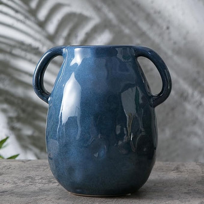 Blue Ceramic Vase with 2 Handles, Modern Farmhouse Vases for Home Decor, Rustic Pottery Vase, Decorative Terracotta Vases for Pampas Grass, Clay Jug for Living Room Dining Table Shelves