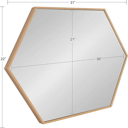 Kate and Laurel Rhodes Modern Hexagon Wall Mirror, 22 x 31, Natural Teak, Chic Geometric Mirror for Wall