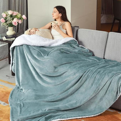 KAWAHOME Sherpa Fleece Twin Size Blanket for Bed - Extra Warm and Heavy Thick Blankets for Winter, Super Soft 500GSM Plush Blanket, 66"X 90" Spa Blue