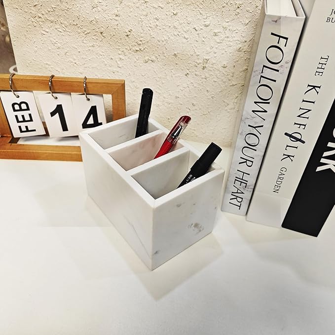 Marble Pen Holder, White Stone, Rectangular Desktop Organizer for Office Study (white 3 layer)