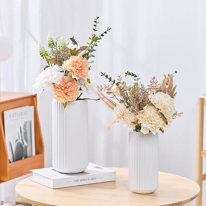 White Ceramic Flower Vase for Pampas Grass, 6 inch Small Decorative Centerpiece Ribbed Vase for Dining Table, Office Desktop, Shelf Bookshelf, Mantel, Bathroom, Countertop, Farmhouse, Gift