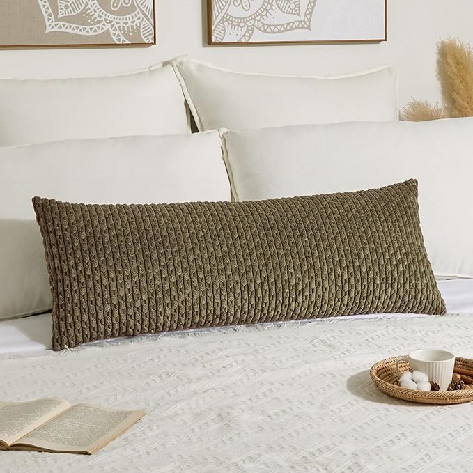 Kevin Textile 20x54 Inch Long Body Lumbar 1 Pack Boho Decorative Throw Pillow Cover Soft Striped Corduroy Rectangle Cushion Case Farmhouse Accent for Living Room Couch Sofa Bed, Olive Green