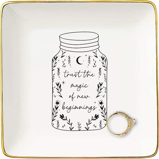 New Beginnings Gifts for Women-Congratulations New Chapter Gifts,Divorce Present,Wedding Graduation Job Retirement Present,Ceramic Jewelry Tray Trinket Holder Ring Dish