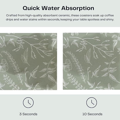 Set of 6 Floral Sage Green Coasters with Holder, Absorbent Ceramic Drink Coasters with Cork Backing for Table Protection, Coffee Table Décor
