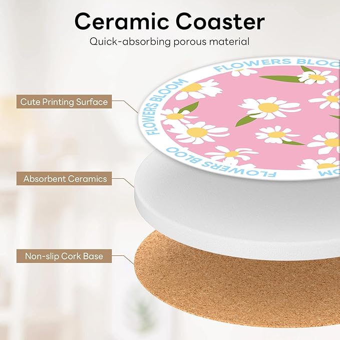 6-Piece Ceramic Coaster Set with Tray Diameter: 3.94 in Thickened Absorbent Material Heat-Resistant and Water-Absorbent Coaster Set Suitable for All Types of Cups， Flowers