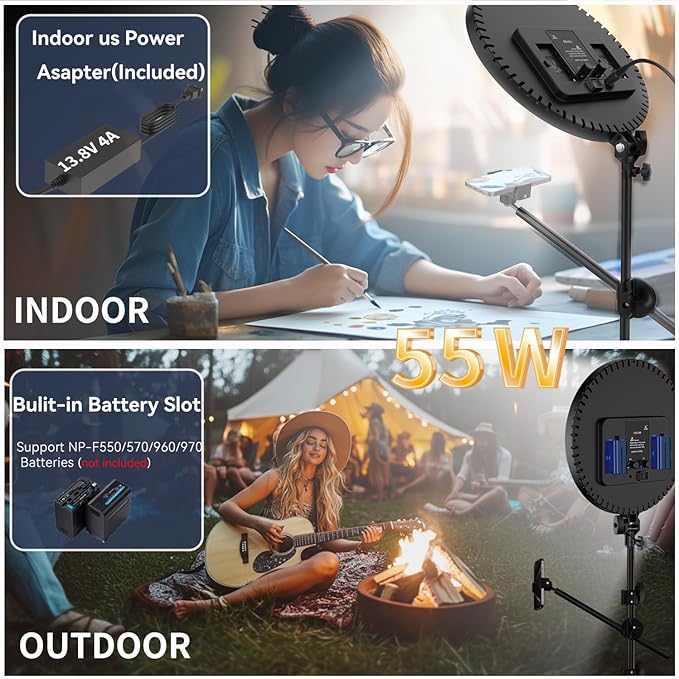 Large Ring Light Professional 55W with 72" Tripod Stand,Full-Screen Selfie Ring Light All-Purpose Stand for Live Stream, YouTube, TikTok, Video Recording with Remote (black-011,13)