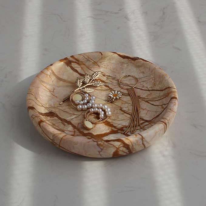 Natural Marble Travertine Ring Dish Jewelry Tray 5.5" for Women, Marble Trinket Dish for Key Earring Nightstand, Mother's Day Engagement Birthday Gift - Pink Marble