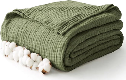 100% Cotton Muslin Blanket Twin 60" x 80", Breathable and Lightweight Cotton Twin Blankets for Couch, Soft Cooling Summer Gauze Blanket for Adults All Season, Olive Green