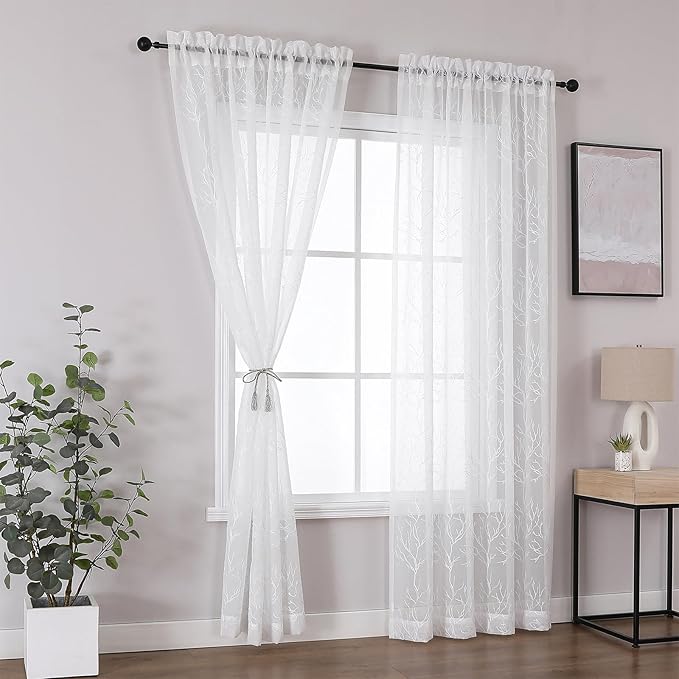 VISIONTEX Sheer Curtains 108 inch Length 2 Panels Set Decorative White Coral Embroidery Rod Pocket Embroidered Semi Sheer Window Drapes for Living Room and Bedroom 54 x 108 Inches