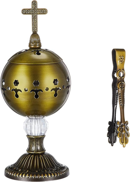 Zonon Catholic Incense Burner with Tong Charcoal Polished Metal Brass Censer Holder Christian Church Censer Burner Holder Cones Cross 7. 9" Aromatherapy Fragrance Ornament(Bronze)