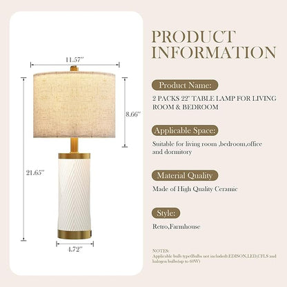 24.5" Modern Ceramic Table Lamp Set of 2 for Living Room, Table Lamps with USB Ports for Bedroom Set of 2， Farmhouse Bedside Nightstand Bedside Lamp End Table Lamps White