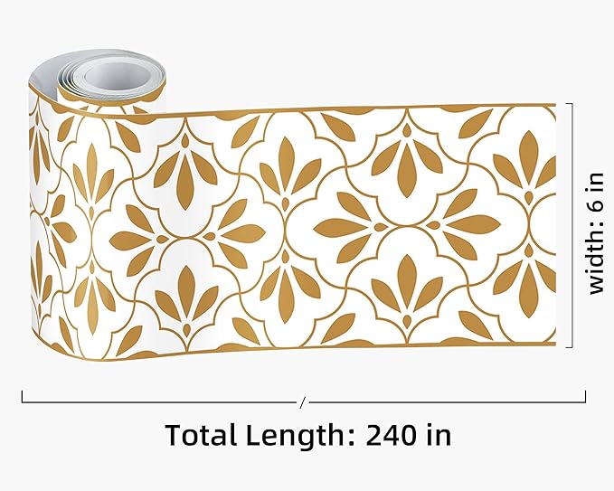 FLFK Wallpaper Border Gold and White Patterns Peel and Stick Wall Border Self Adhesive Wallpapers for Living Room Bedroom Kitchen Bathroom 6"x240"