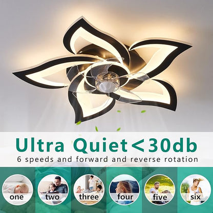 HuixuTe 24" Geometric Ceiling Fan with Lights Remote Control, 6 Speeds 3 Colors Black Low Profile Ceiling Fan with Light for Kitchen Bedroom Living Room