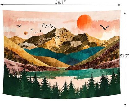 Delur Mountain Tapestry Boho Sunset Nature Forest Tree Tapestry Wall Hanging Sunrise River Lake Landscape Psychedelic Headboard for Bedroom Living Room Home Decor (51.2" x 59.1")