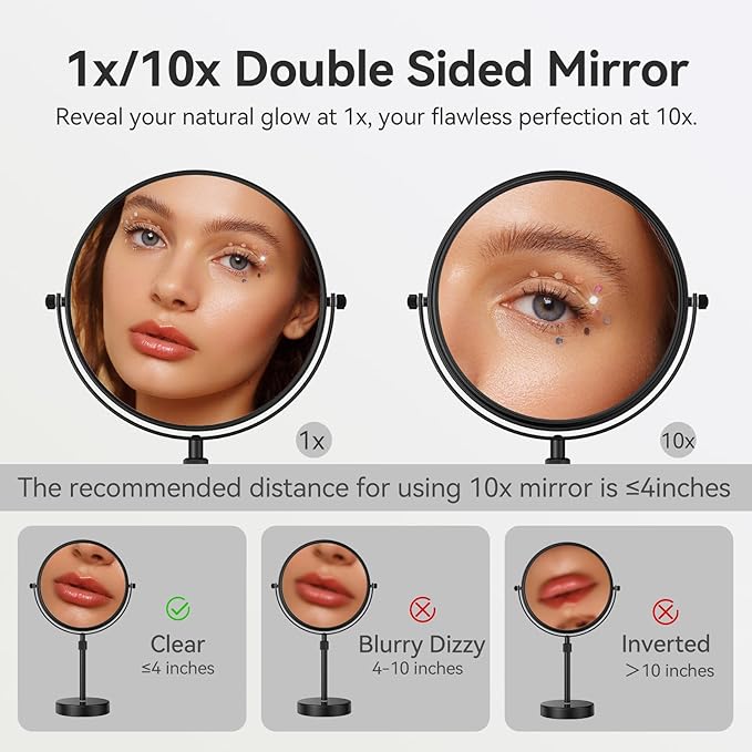 Nicesail 19 Inch Tall Makeup Mirror with 10X Magnification, 8 Inch Magnifying Mirror Tabletop with Pedestal, Height Adjustable Black (8 Inch, 10X)