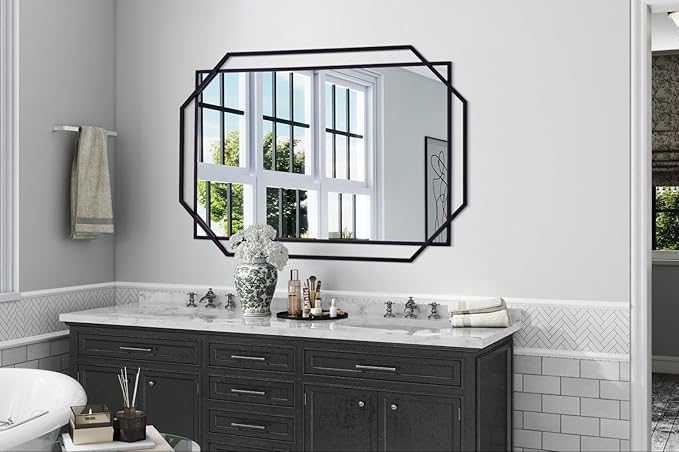 48.5"x32.5" Large Decorative Bathroom Mirror for Wall with Metal Frame, Black Hanging Mirror for Wall, Living Room, Dining Room, Entryway