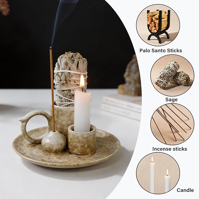 4.1-Inch 5-in-1 Ceramic Smudge Bowl-Versatile Incense Stick Holder and Smudging Dish for Palo Santo and Sage–Ideal for Zen Altar, Meditation,Yoga, and Aromatherapy–Easy to Clean Brown Design