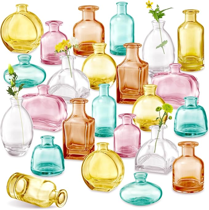 Color Bud Vases in Bulk - Set of 24 Mini Glass Bud Vases for Centerpieces, Colored Glass Vases, Colorful Bud Vase Set, Small Vases for Flowers, Modern Vase for Home, Wedding, Party Table Decor