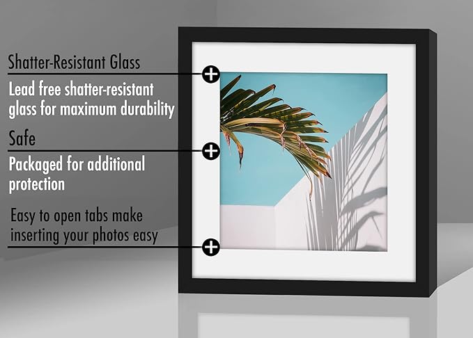 Americanflat 8x8 Picture Frame with Shatter-Resistant Glass - Use as 6x6 Frame with Mat or Display 8x8 Photo Without Mat - Streamline Collection - Square Frames for Tabletop or Wall - Black