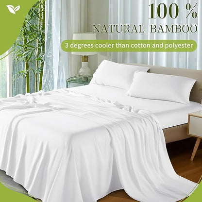 Shilucheng 100% Viscose Derived from Bamboo_ Sheets Full Size 4pcs - Ultra Cooling & Silky Soft Bed Sheets, 16" Deep Pocket, Perfect for Hot Sleepers, Hotel Bedding Sheets (White)