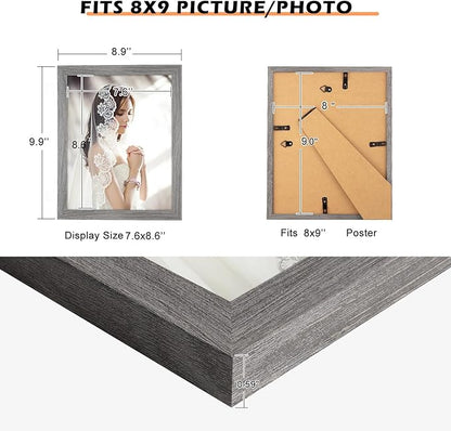 8x9 Picture Frame Distressed Gray, Rustic 9x8 Frame Grey, Pic Poster Frame, 8 by 9 Gallery Family Portrait Photo Frame Horizontal and Vertical Display for Wall Hanging/Tabletop