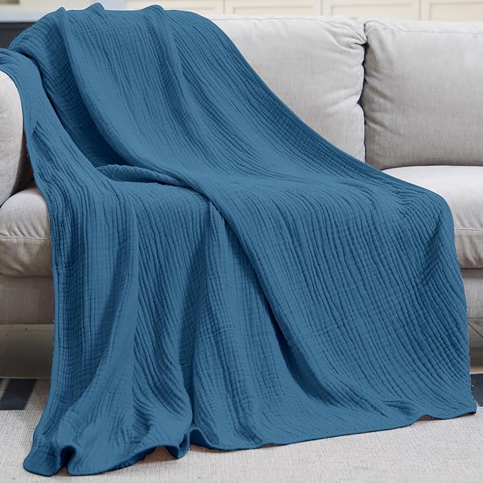 Yoofoss Muslin Blanket 100% Organic Cotton Throw Large 50" x 60" for Bed Couch Summer Gauze Blanket for Adults Lightweight and Breathable Dark Blue