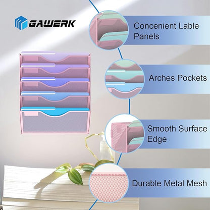 5 Tier Hanging Wall File Organizer, Mesh Mail Paper Orgnization Hanging File Folder Holder for Home Office, Pink