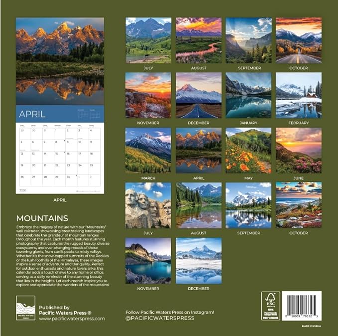 Mountains Wall Calendar 2026 | Nature Calendar | 12" x 24" Open | Giftable Scenic Calendar 2026 | Thick & Sturdy Paper for Organizing & Planning | Pacific Waters Press (Mountains)