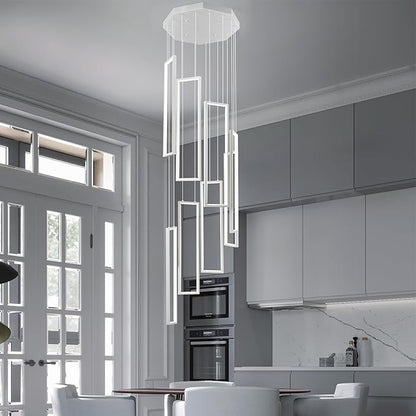 Modern Adjustable Height Pendant Light White 144W LED Pendant Lights 8 Rings Rectangular Chandelier Staircase Large Chandelier Lobby Living Room Kitchen Island Foyer High Ceiling Chandeliers