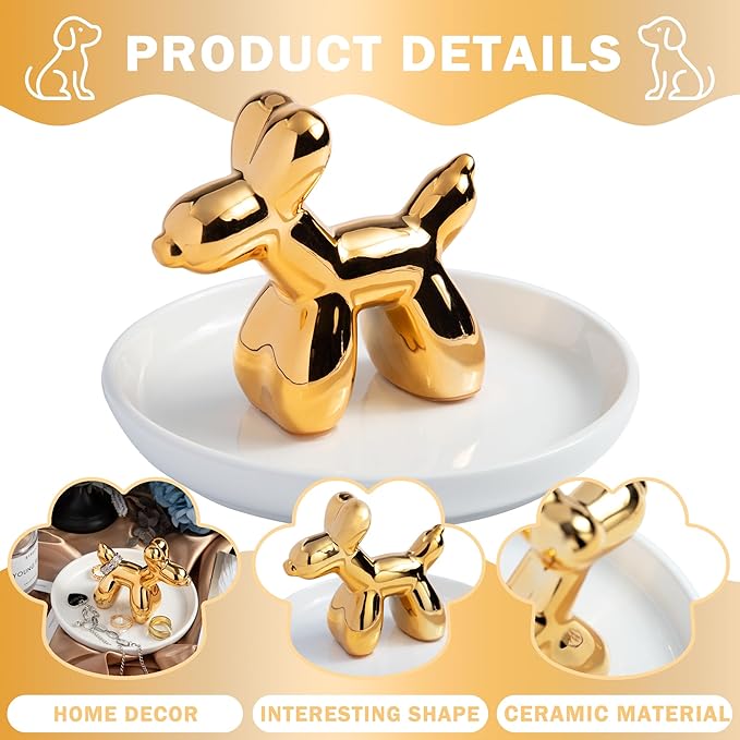OSOPOLA Ceramic Golden Dog Jewelry Tray - Decorative Ring Holder Dish Key Tray Cute Jewelry Plate Trinket for Earrings,Necklaces,Women,Home Decor,Christmas Birthday Mother's Day Gifts HE02DG
