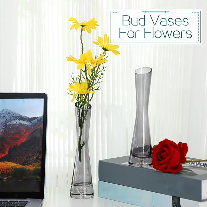 Lallisa 6 Pcs Glass Bud Vases for Centerpieces Maria Modern Clear Small Skinny Decorative Single Flower Bud Vase for Wedding Party Event Home Office Decoration(7.87 Inch,Grey)