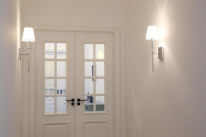 PERMO Set of 2 Classic Rustic Industrial Wall Sconce Lighting Fixture with Flared White Textile Lamp Shade and Chrome Tapered Column Stand, Hardwired, E26 Base
