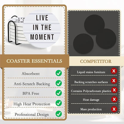 Coasters Set with Holder, 6 Pcs Motivation Quote Absorbent Ceramic Drink Pads, Non-Slip Table Protectors for Coffee & Glasses