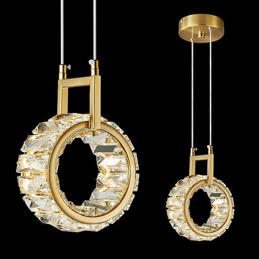 Kitchen Island Mini Light Fixture Modern Led Crystal Pendant Light Gold Round Chandelier for Dining Room Living Room Kitchen Bedroom Bar（1-Pack）