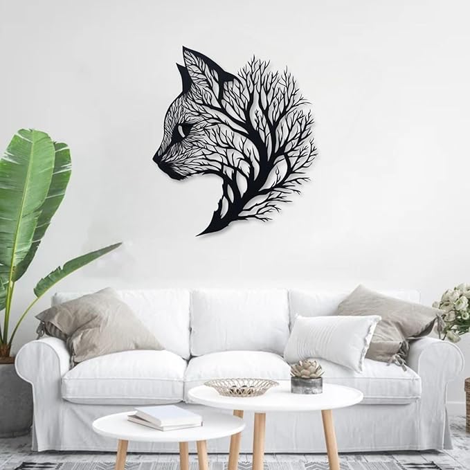 huefoam Cat Metal Wall Art, Tree of Life Wall Art, Cat Wall Decor, Metal Tree Wall Decor for Living Room, Bedroom, Bathroom (White, 35"×31"/90×79cm, metal art wall decor)